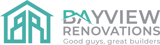a black background with white text and blue and grey letters saying Bayview Renovattions