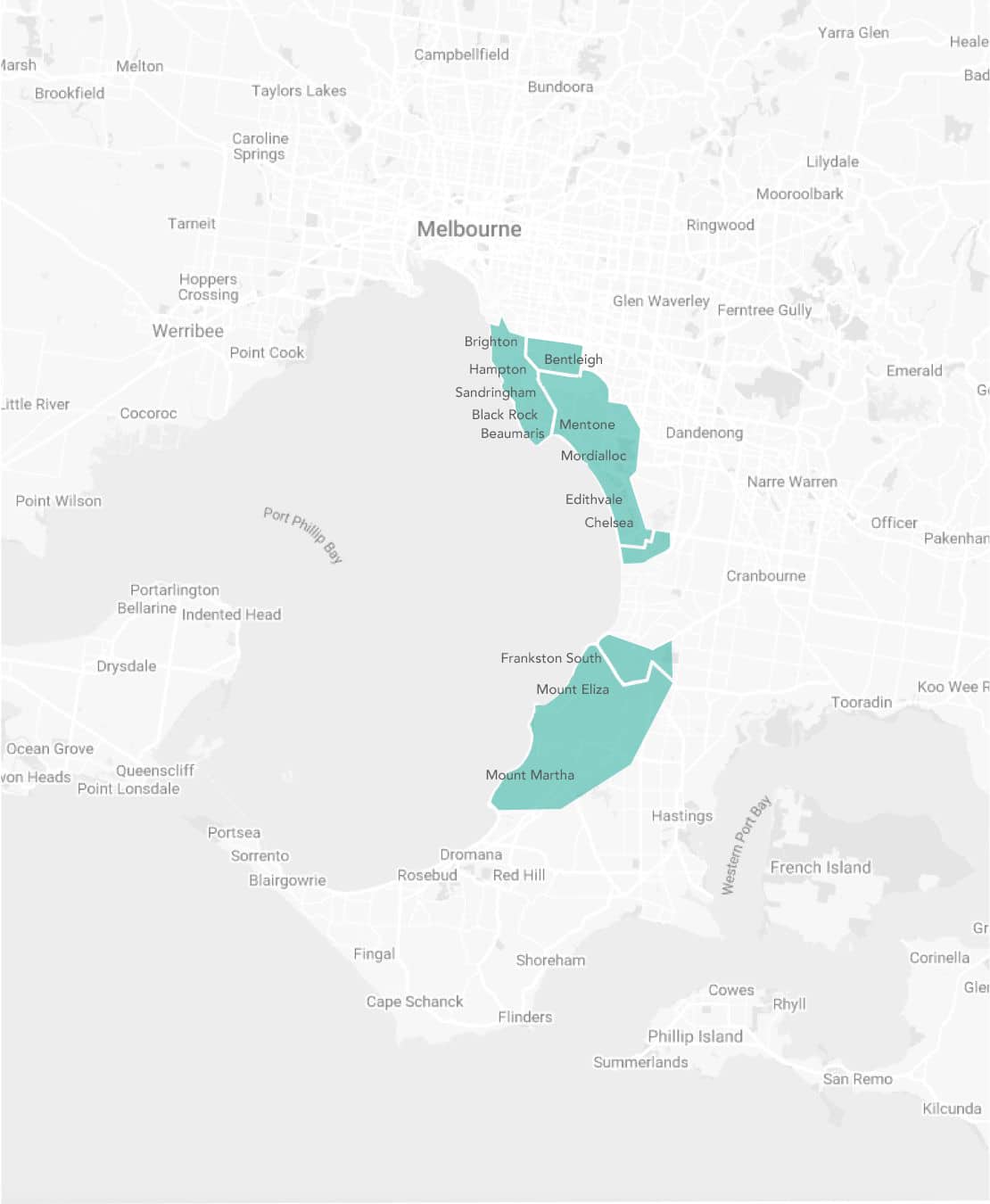 Melbourne Area Map with some areas highlighted