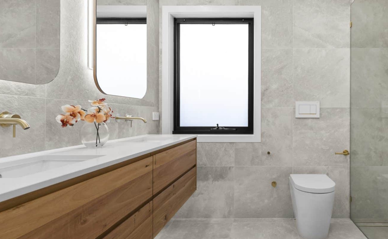 beaumaris bathroom makeover with double sink and brass tapware